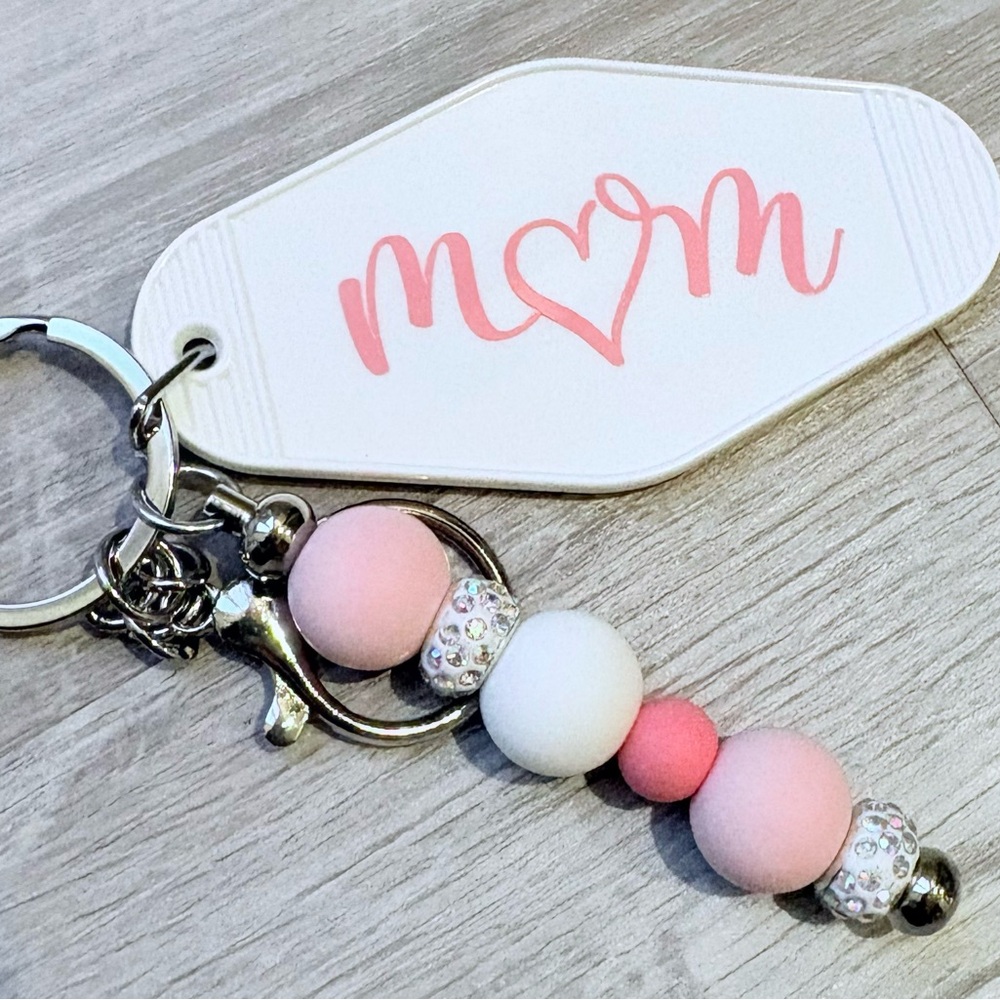 Hand Crafted Pink & White Beaded Keychain with Monogram Tag